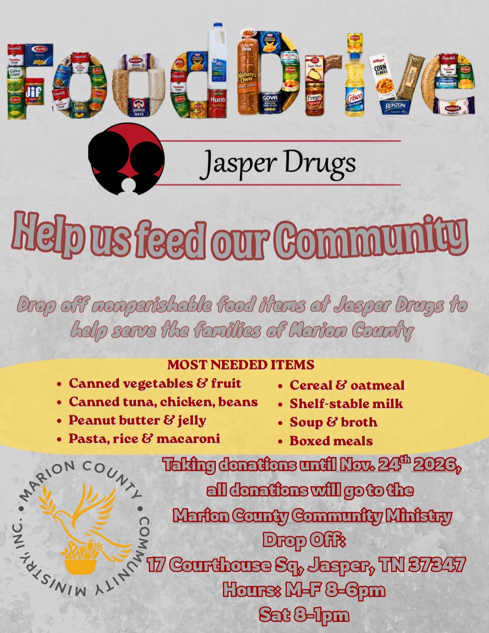 Jasper Drugs Food Drive - drop off nonperishable food items through November 24, 2026 to benefit Marion County Community Ministry